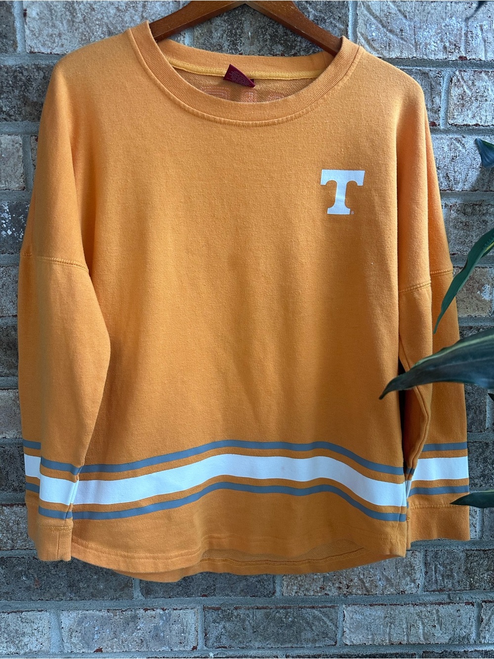 Women’s sequence bedazzled Orange Striped Sweatshirt with 'T' Logo medium